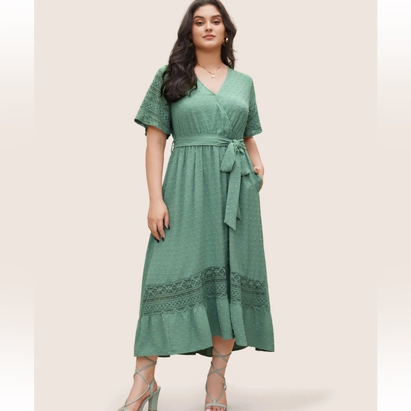 BloomChic Solid Wrap Pocket Belted Contrast Lace Ruffle Trim Maxi Dress 2XL us18 - Picture 8 of 8